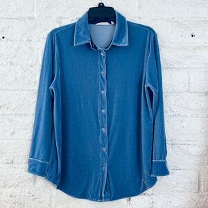 Soft Surroundings PM Blue Stretch Velvet Boyfriend Tunic Button Down Shirt